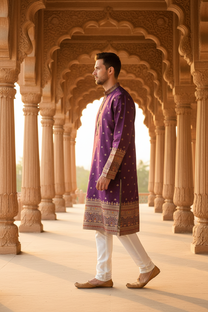 Side profile — male model in royal purple Banarasi kurta with white pants, palace corridor