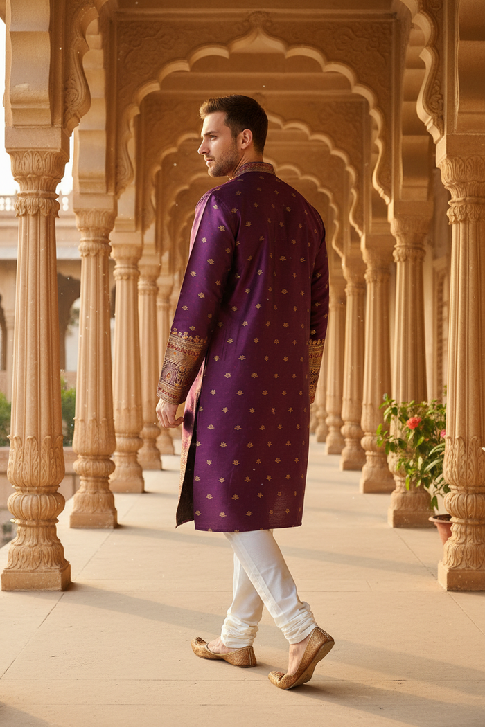 Three-quarter back — male model in royal purple Banarasi kurta with white pants, palace corridor