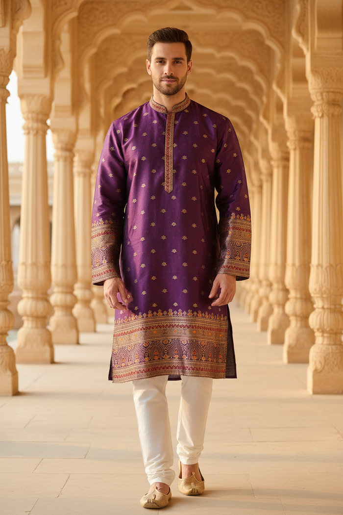Close-up — male model in royal purple Banarasi kurta embroidery detail, palace corridor