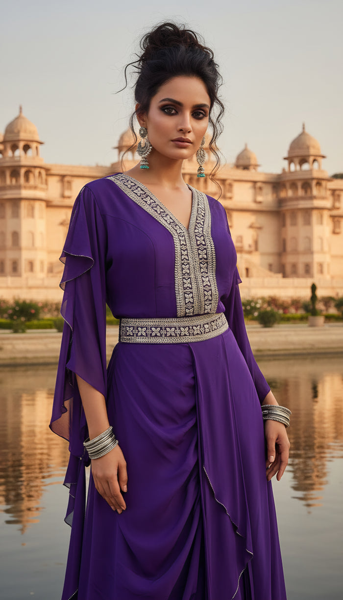 Royal Purple Embellished Indo-Western Crop Top & Draped Skirt Set
