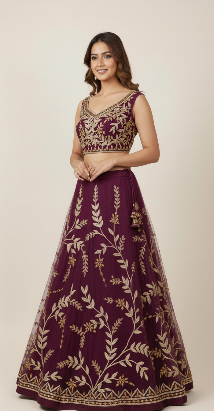 Royal Wine Embroidered Lehenga Choli Set