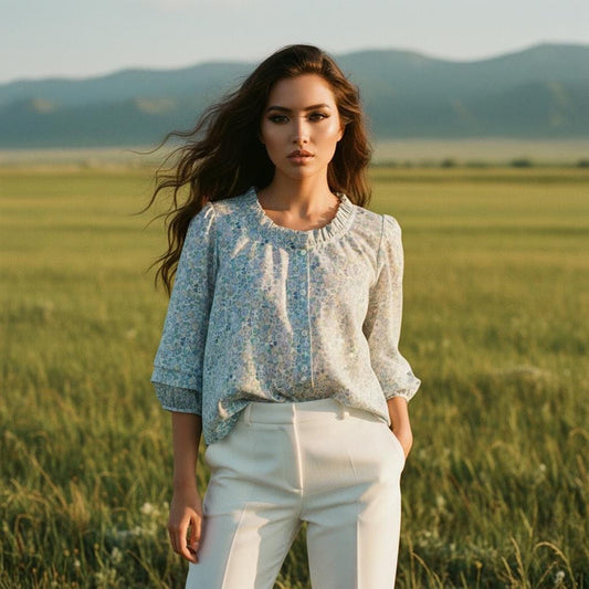 Ruffle Collar Liberty Floral Print Top: 3/4 Sleeves blouse, Button Through Scoop Neck