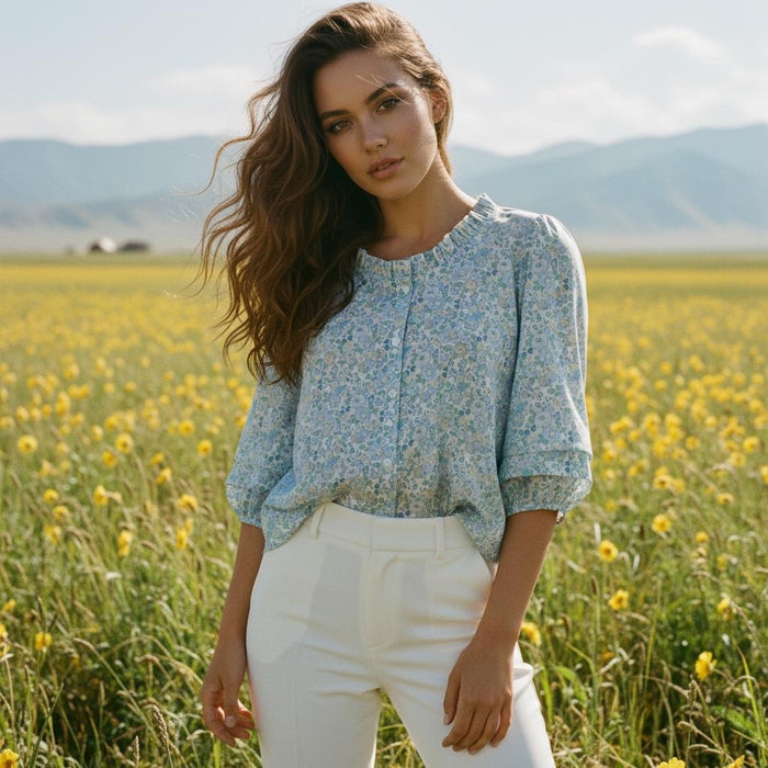 Ruffle Collar Liberty Floral Print Top: 3/4 Sleeves blouse, Button Through Scoop Neck