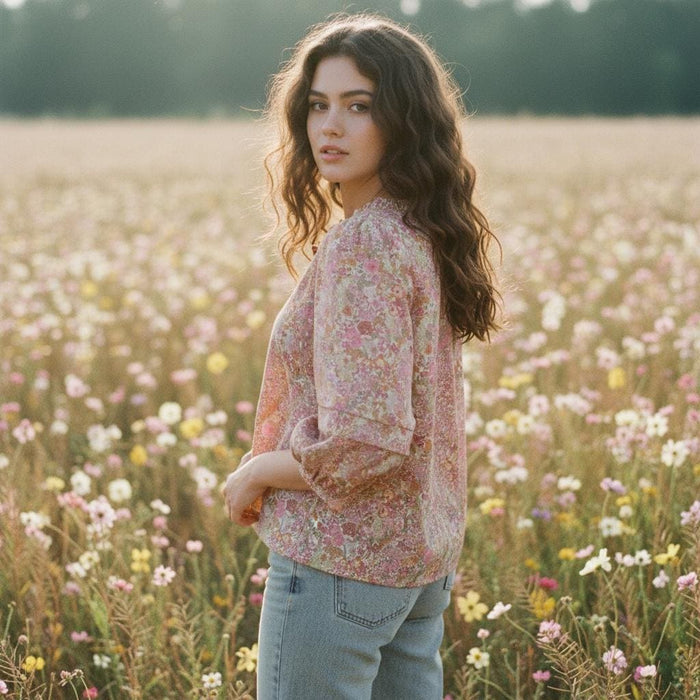 Ruffle Collar Liberty Floral Print Top: 3/4 Sleeves blouse, Button Through Scoop Neck