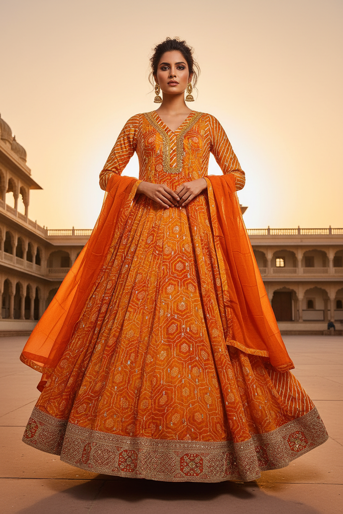Saffron Bandhani Anarkali Gown Set