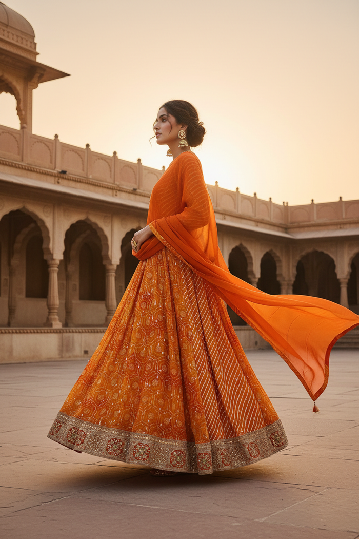 Saffron Bandhani Anarkali Gown Set