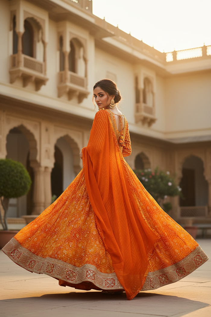 Saffron Bandhani Anarkali Gown Set