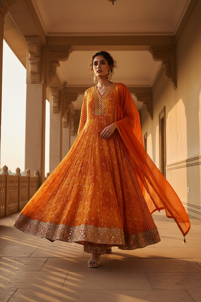 Saffron Bandhani Anarkali Gown Set