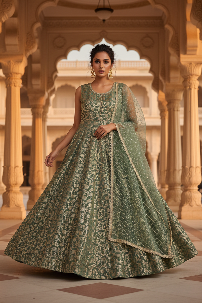 Sage Gold Anarkali Gown Set - Front Pose