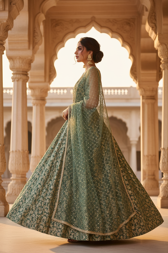 Sage Gold Anarkali Gown Set - Side Pose