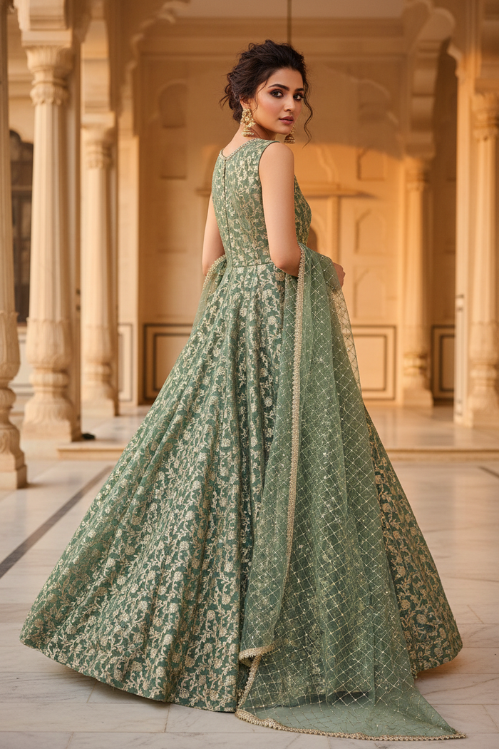 Sage Gold Anarkali Gown Set - Back Pose