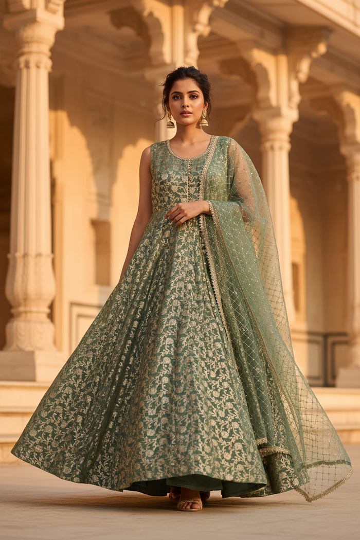 Sage Gold Anarkali Gown Set - Walking Pose