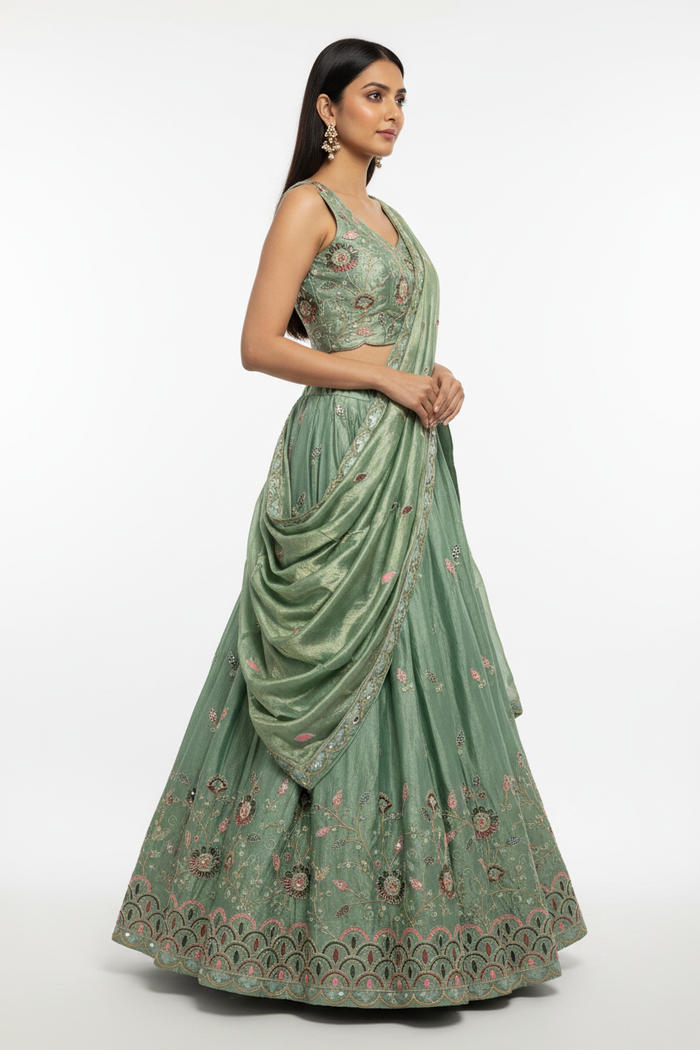 Sage Green Embroidered Lehenga