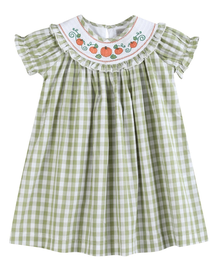 Sage Green Gingham Pumpkin Smocked Bishop Dress - Lil Cactus