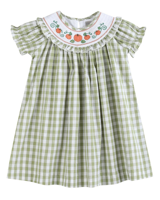 Sage Green Gingham Pumpkin Smocked Bishop Dress - Lil Cactus