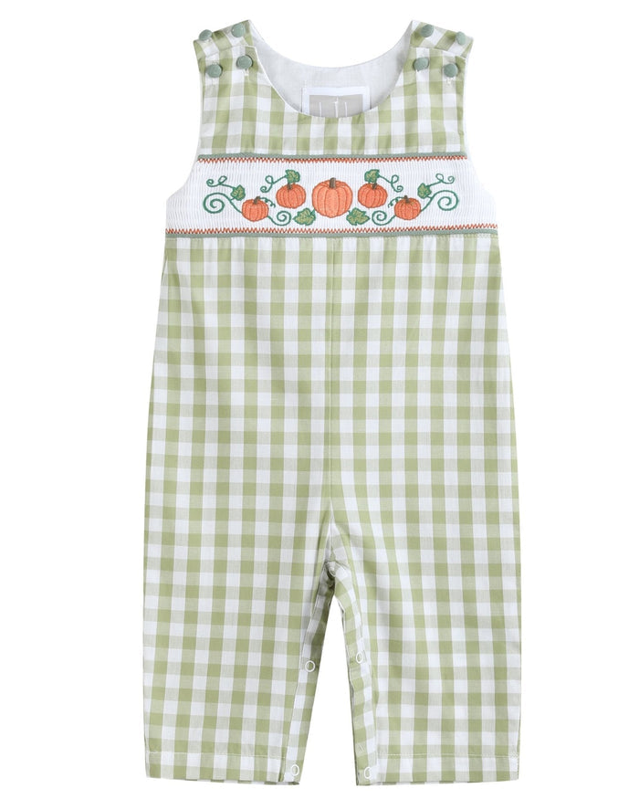 Sage Green Gingham Pumpkin Smocked Overalls - Lil Cactus