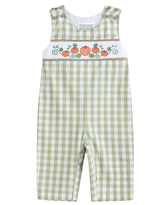 Sage Green Gingham Pumpkin Smocked Overalls - Lil Cactus