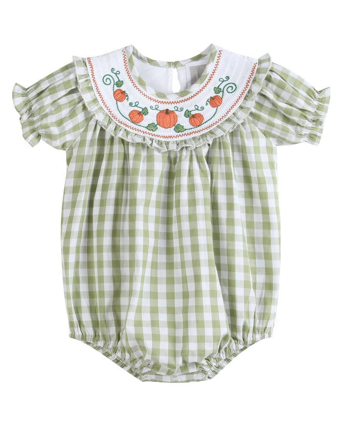 Sage Green Gingham Pumpkin Smocked Romper - Lil Cactus