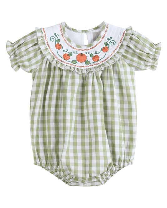 Sage Green Gingham Pumpkin Smocked Romper - Lil Cactus