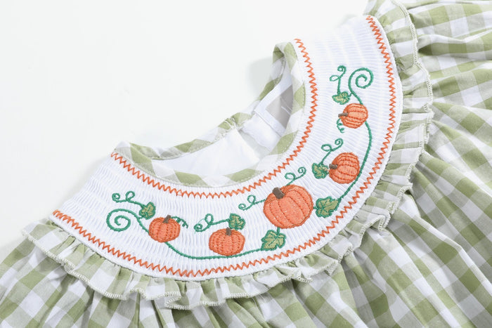Sage Green Gingham Pumpkin Smocked Romper - Lil Cactus