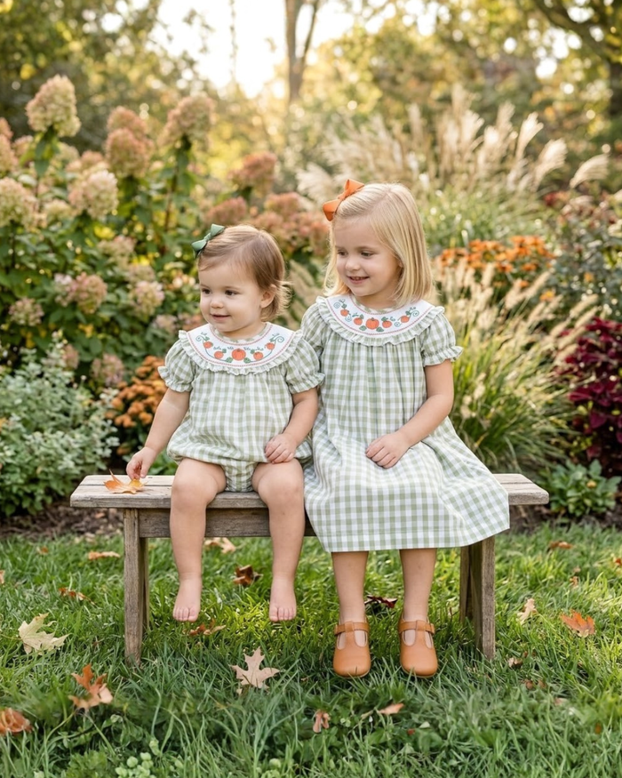 Sage Green Gingham Pumpkin Smocked Romper - Lil Cactus