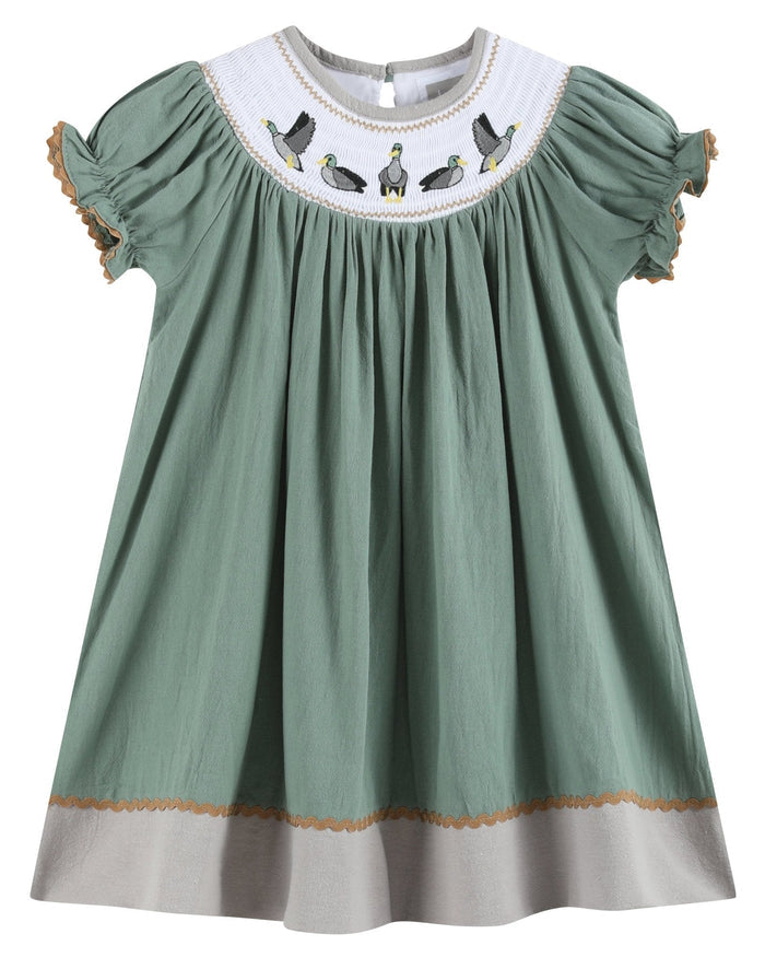 Sage Green Mallard Smocked Bishop Dress - Lil Cactus