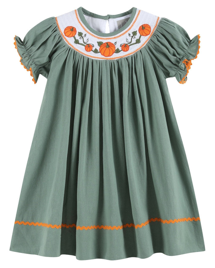 Sage Green Pumpkin Smocked Bishop Dress - Lil Cactus