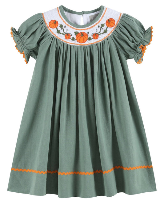 Sage Green Pumpkin Smocked Bishop Dress - Lil Cactus
