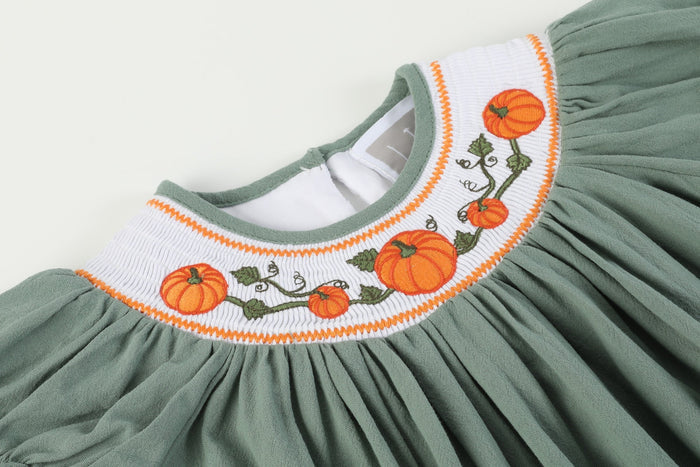 Sage Green Pumpkin Smocked Bishop Dress - Lil Cactus