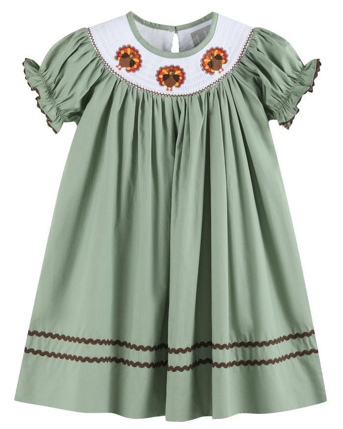 Sage Green Turkey Smocked Bishop Dress - Lil Cactus
