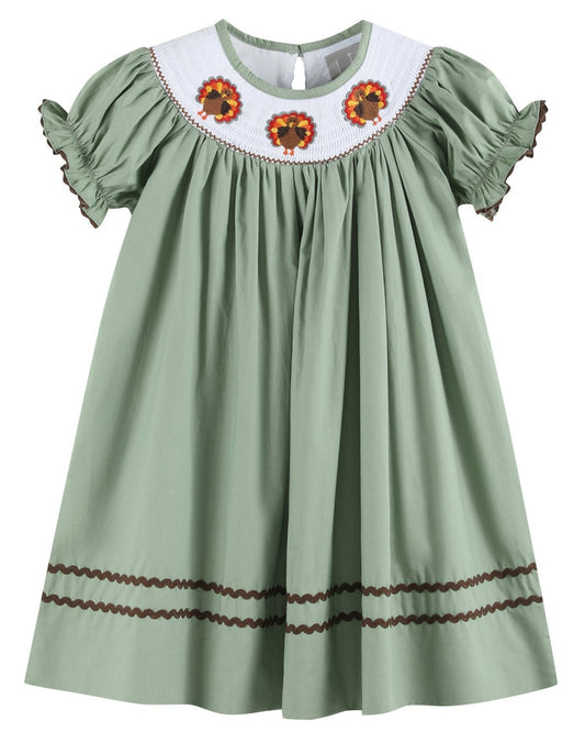 Sage Green Turkey Smocked Bishop Dress - Lil Cactus