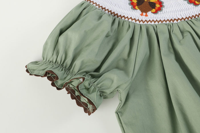 Sage Green Turkey Smocked Bishop Dress - Lil Cactus