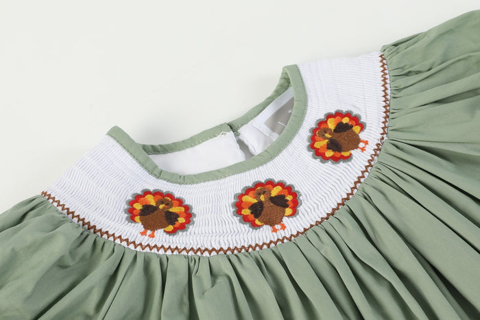 Sage Green Turkey Smocked Bishop Dress - Lil Cactus