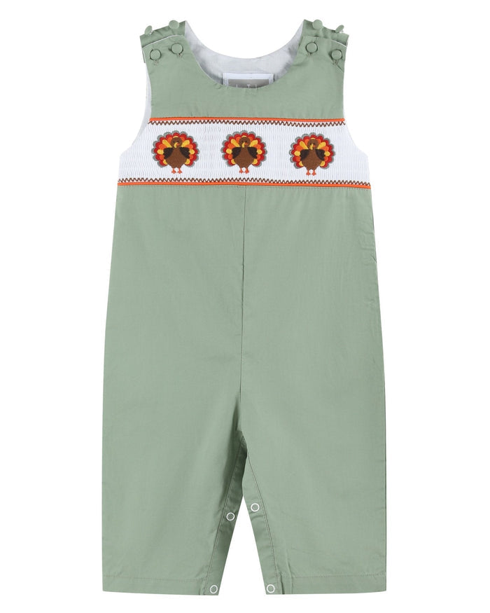 Sage Green Turkey Smocked Overalls - Lil Cactus