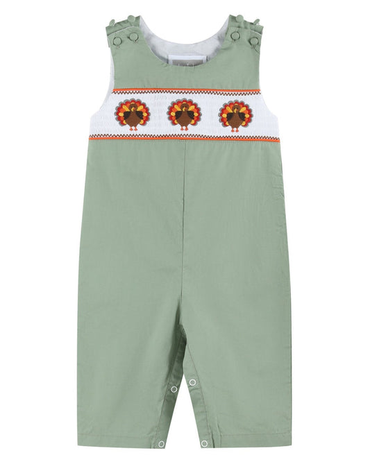 Sage Green Turkey Smocked Overalls - Lil Cactus