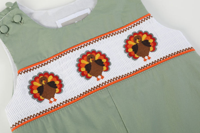 Sage Green Turkey Smocked Overalls - Lil Cactus