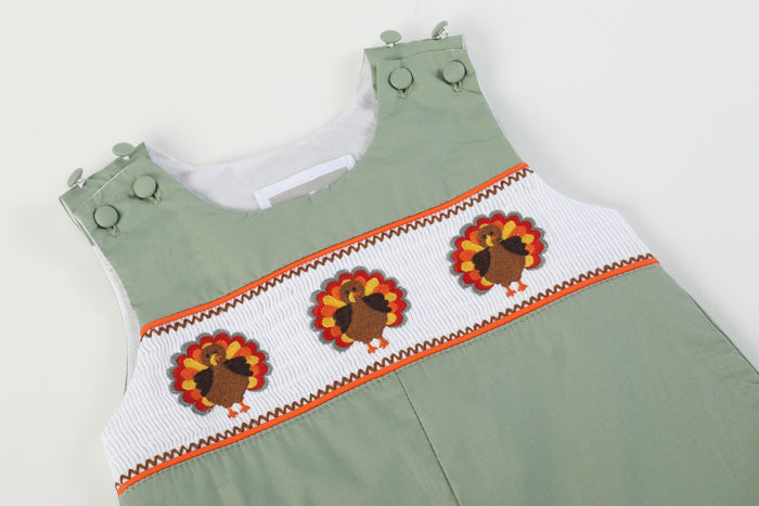 Sage Green Turkey Smocked Overalls - Lil Cactus