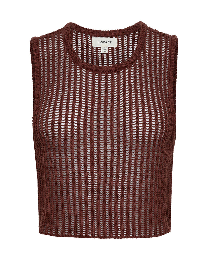 Off-model view of the LSPACE Sander Top in sangria, displayed against a white background showing the sleeveless silhouette, round neckline, and open-weave crochet construction in deep burgundy.