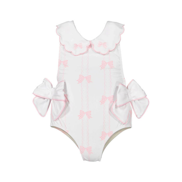Scallops and Bows one-piece swimsuit in soft pink bow print with scalloped white collar and oversized hip bows