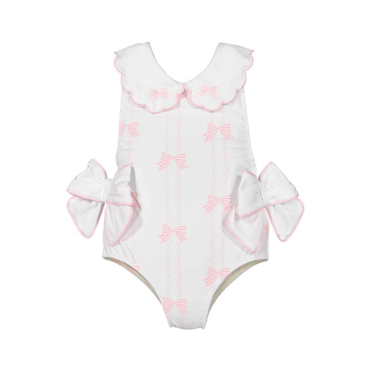 Scallops and Bows one-piece swimsuit in soft pink bow print with scalloped white collar and oversized hip bows