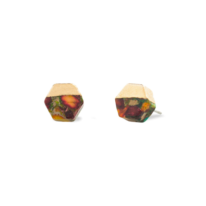 Pair of small geometric stud earrings with red and earth-toned emperor stones set in 14K gold plating | Gifts that fight human trafficking