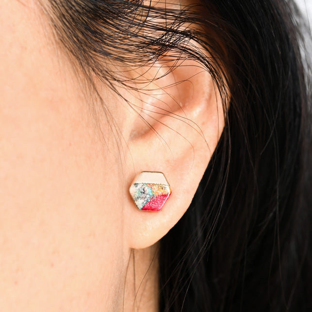 Small geometric stud earring with red and earth-toned emperor stones set in 14K gold plating | Gifts that fight human trafficking
