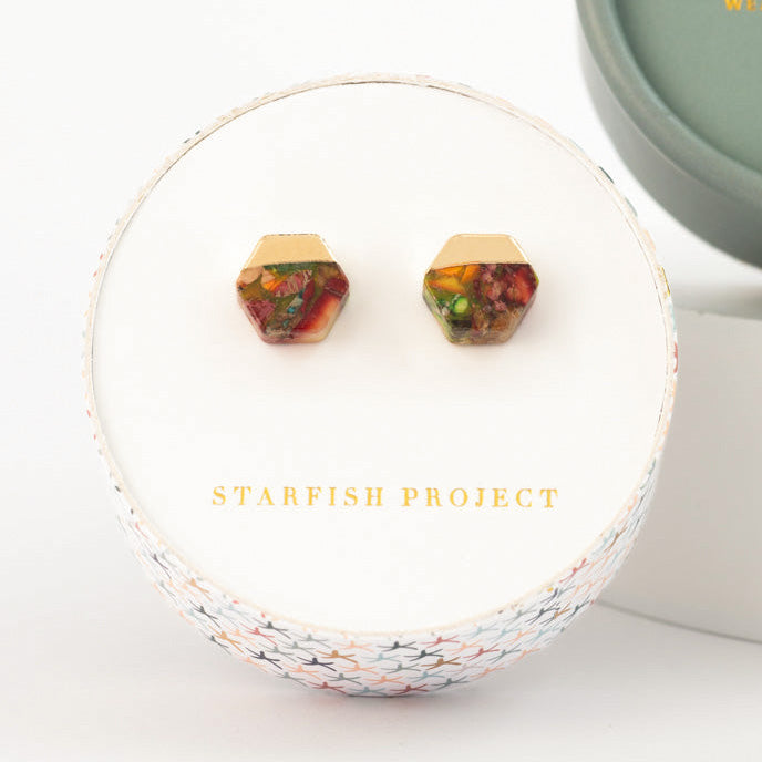 Sedona Stud Earrings - Pair of small geometric stud earrings with red and earth-toned emperor stones set in 14K gold plating | Jewelry that fight human trafficking