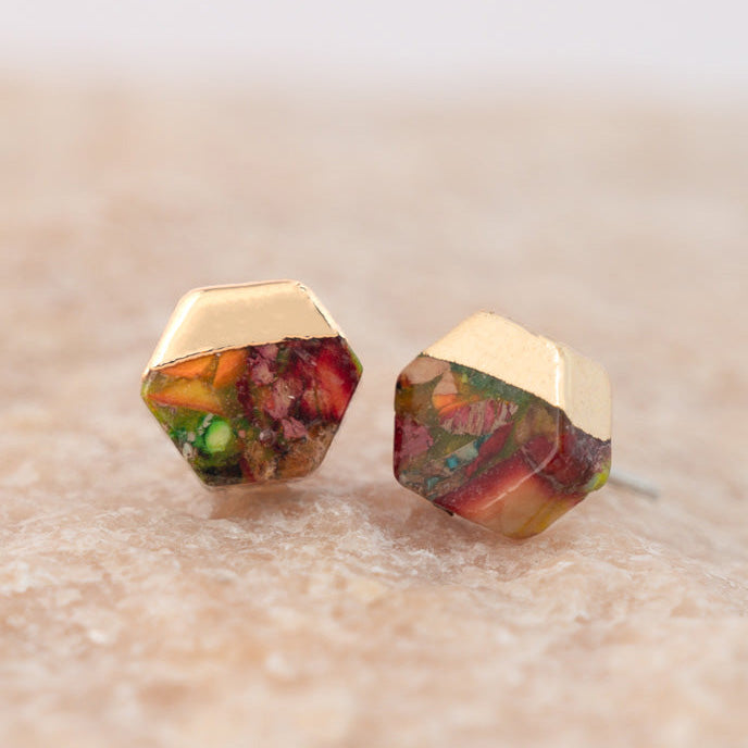Sedona Stud Earrings - Pair of small geometric stud earrings with red and earth-toned emperor stones set in 14K gold plating | Jewelry that fight human trafficking