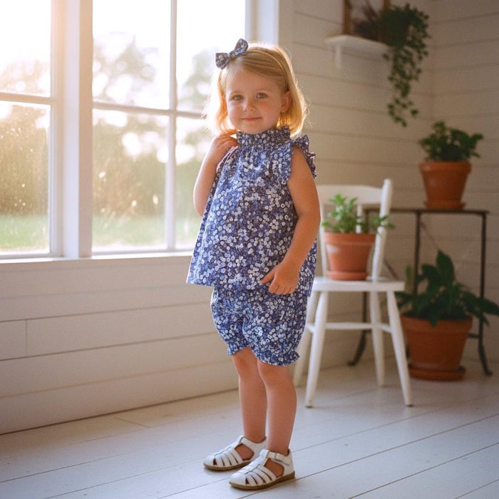 SET 2 Liberty Floral Print Top & Bloomers: Ruffle Sleeveless Blouse, Wiltshire Berries Navy