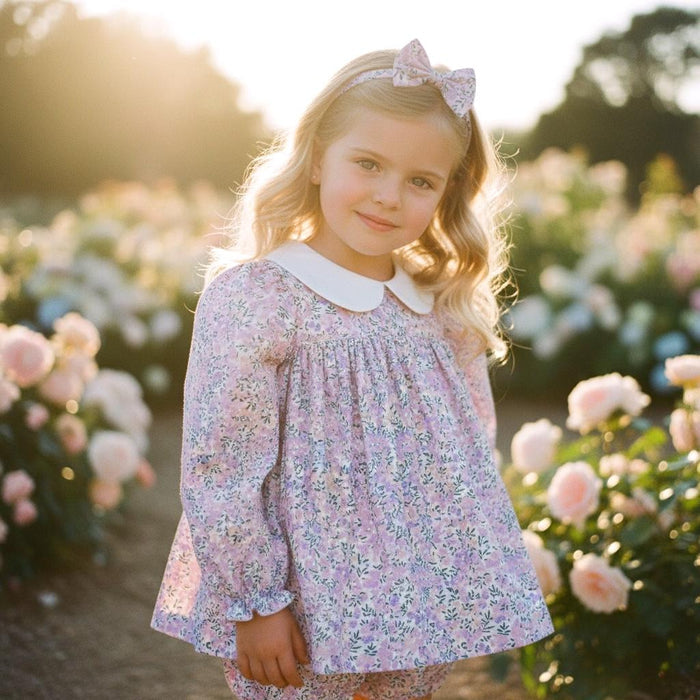 SET Liberty Floral Girl Long Sleeves Blouse Bloomer: Cotton Tana Lawn, Peter Pan Collar