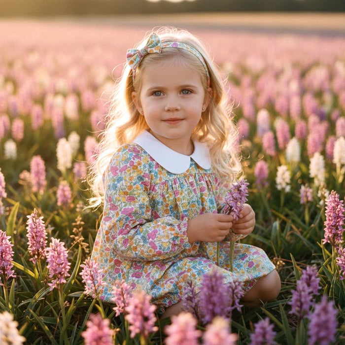 May include: A young child wearing a floral print dress with a white collar and matching headband, holding a sprig of purple flowers. The child is sitting in a field of pink and purple flowers, with a soft, natural light.