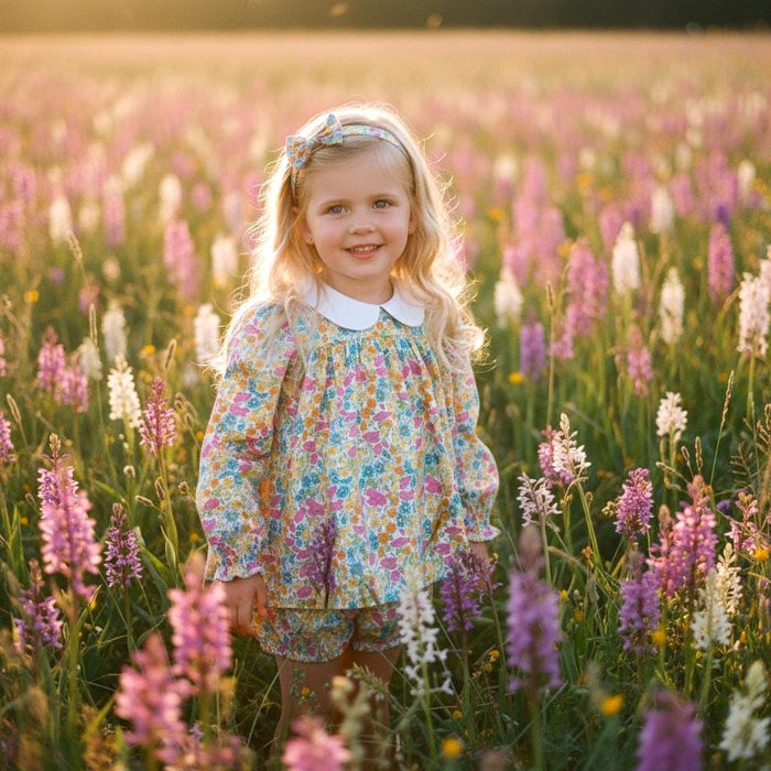 SET Liberty Floral Girl Long Sleeves Blouse Bloomer: Cotton Tana Lawn, Peter Pan Collar