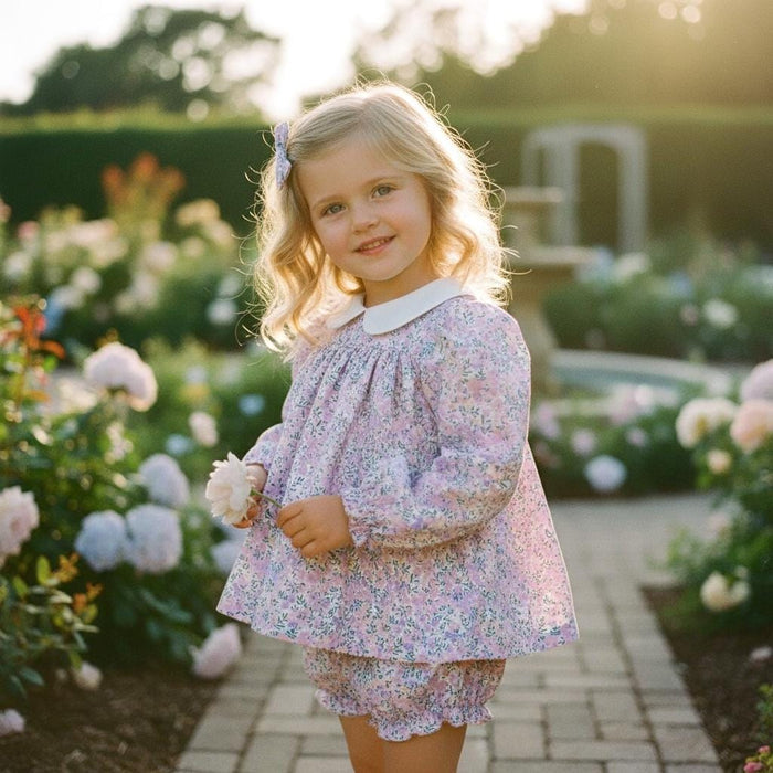 SET Liberty Floral Girl Long Sleeves Blouse Bloomer: Cotton Tana Lawn, Peter Pan Collar