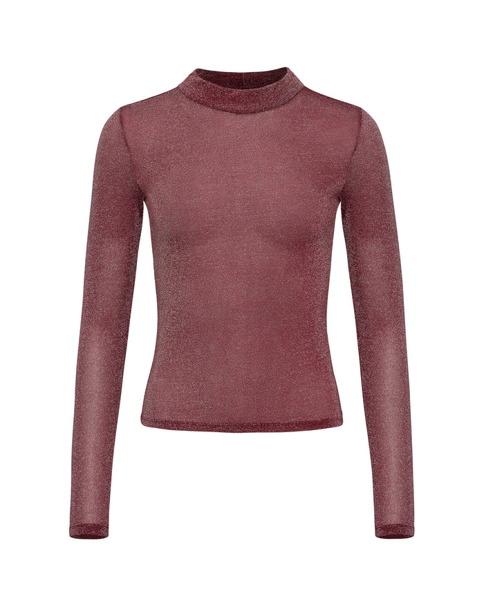 Off-model view of the LSPACE Shimmer Long Sleeve in sangria, displayed against a white background showing the mock-neck, long-sleeve silhouette in a shimmery sangria fabric.